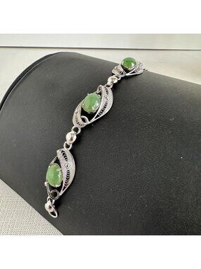 Sorrento Sterling Silver Jade Bracelet, Vintage Filigree Green Nephrite Cabochon